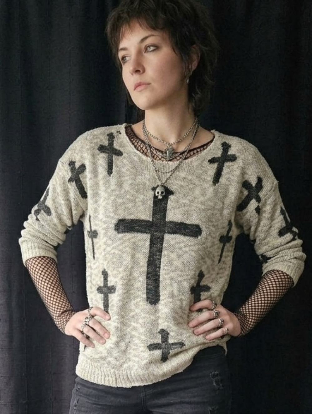 Downtown Coalition Distressed Cross Knit Sweater - Metallic Thread - Large